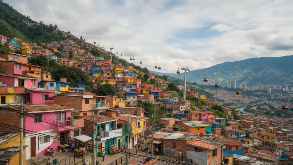 Barrio en la ladera de Medellín con el metrocable